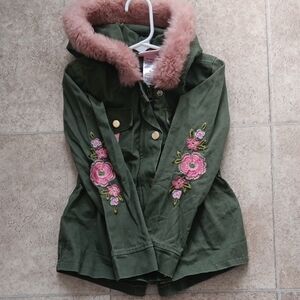 Little Lass Olive Green Jacket with Pink Fur Trim and Floral Embroidery Size 6